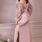 Off the Shoulder Long Sleeve Soft Satin Slit Gown - Cinderella Divine 7482C - Curves