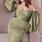 Off the Shoulder Long Sleeve Soft Satin Slit Gown - Cinderella Divine 7482C - Curves