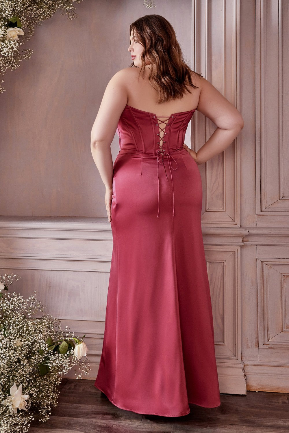 Off The Shoulder Soft Satin Corset Dress by Cinderella Divine 7484C - Curves