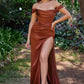 Off the Shoulder Satin Corset Slit Women Evening Formal Gown By Ladivine 7492C - Curves