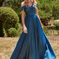 Satin Off The Shoulder A-Line Slit Gown By Ladivine 7493 - Special Occasion