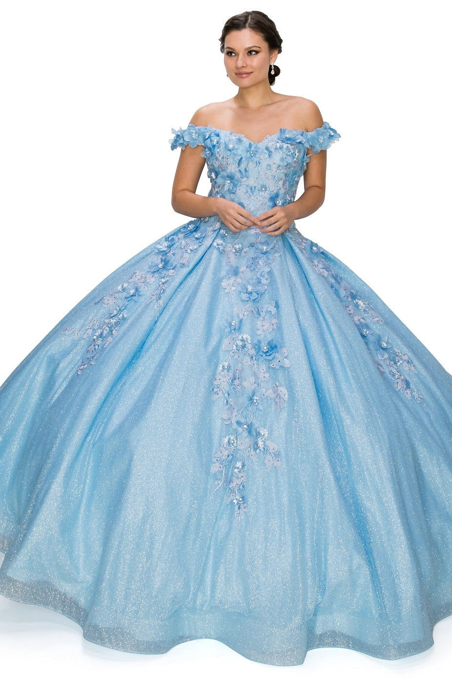 Off the Shoulder Floral Satin Quinceanera Dress by Cinderella Couture USA AS8020J-Blue