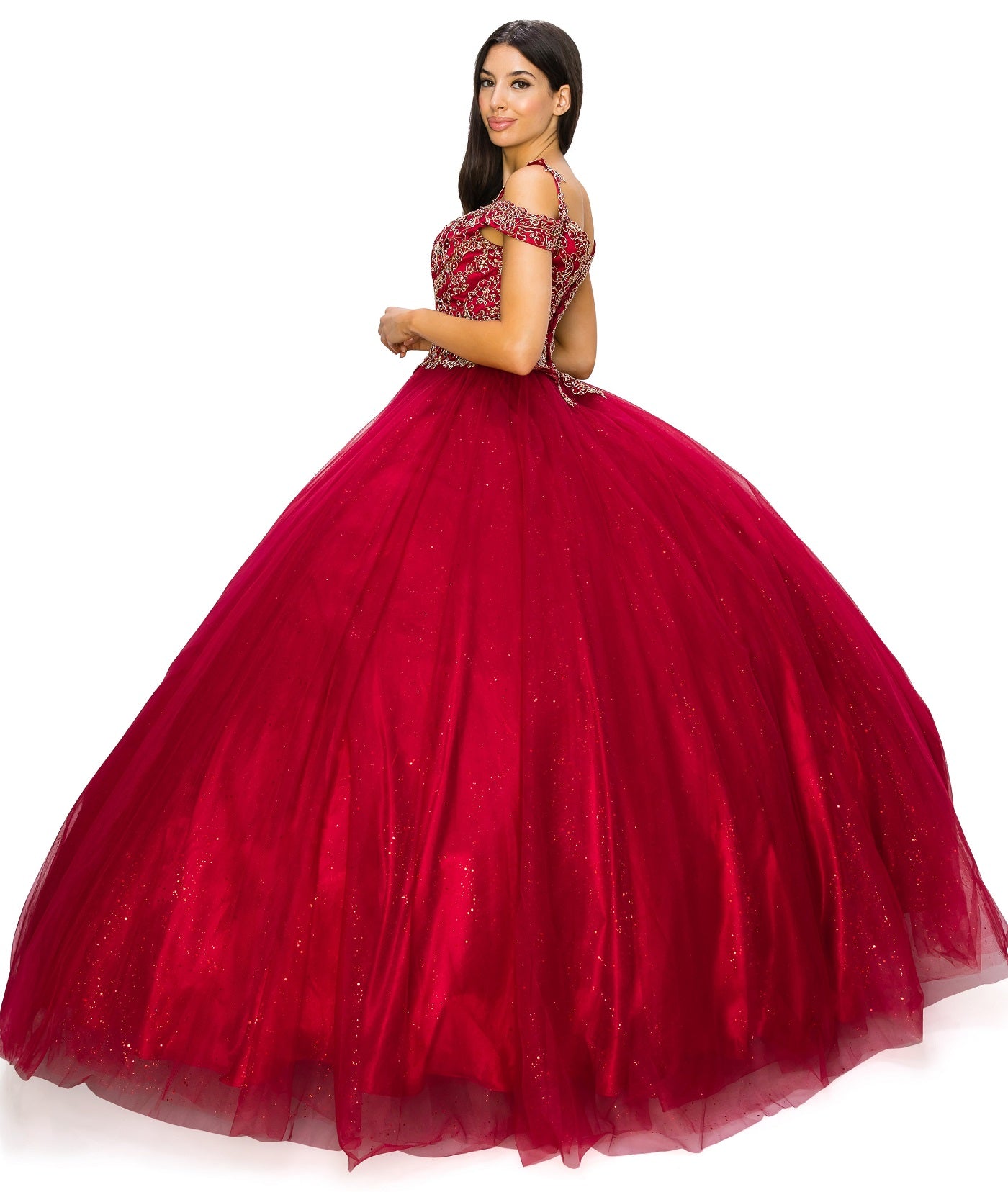 Off the Shoulder Glitter Lace Tulle Quinceanera Dresses by Cinderella Couture USA AS8028J_BURG
