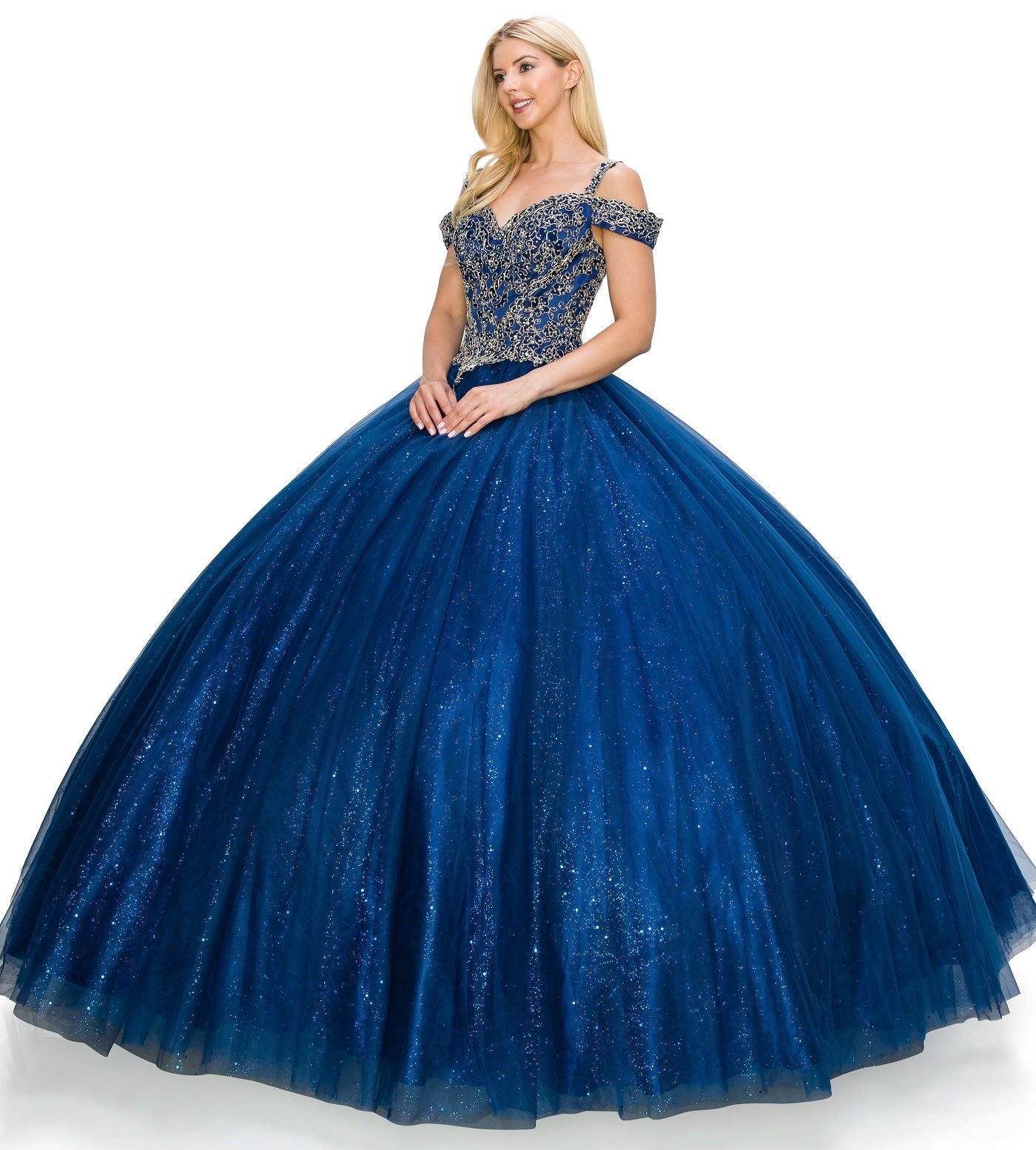 Off the Shoulder Rhinestone Tulle Quinceanera Dress by Cinderella Couture USA AS8028J_NAV