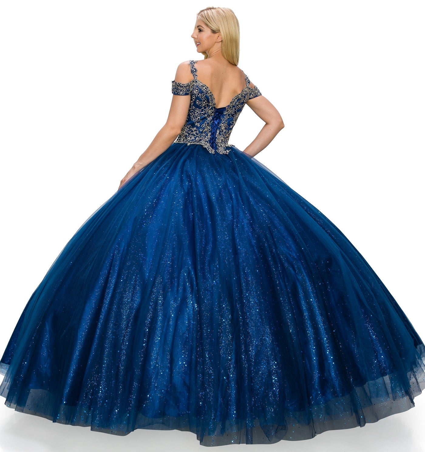 Off the Shoulder Rhinestone Tulle Quinceanera Dress by Cinderella Couture USA AS8028J_NAV