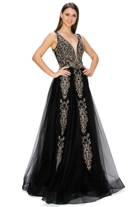Black Glitter Floral Lace Tulle Gown by Cinderella Couture USA AS8029J-BLK - Special Occasion/Curves