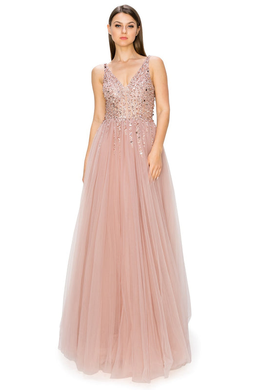 Dusty-Rose Sequins Lace Tulle A-line Gown by Cinderella Couture USA AS8034J - Special Occasion/Curves