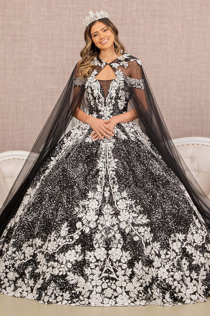 Black-white Off Shoulder Floral Pattern Glitter Quinceanera Dress GL3168