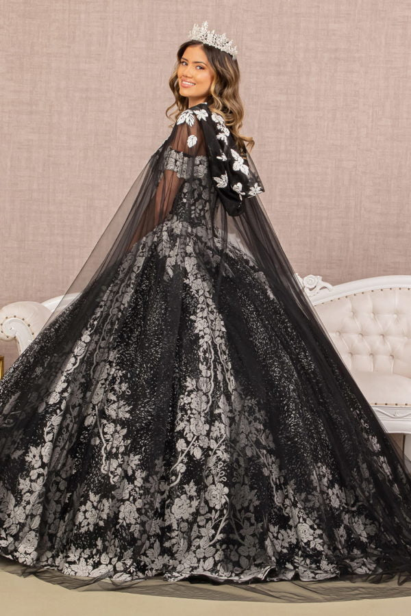 Black-white_1 Off Shoulder Floral Pattern Glitter Quinceanera Dress GL3168