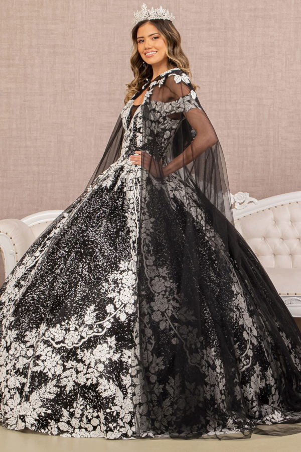 Black-white_2 Off Shoulder Floral Pattern Glitter Quinceanera Dress GL3168