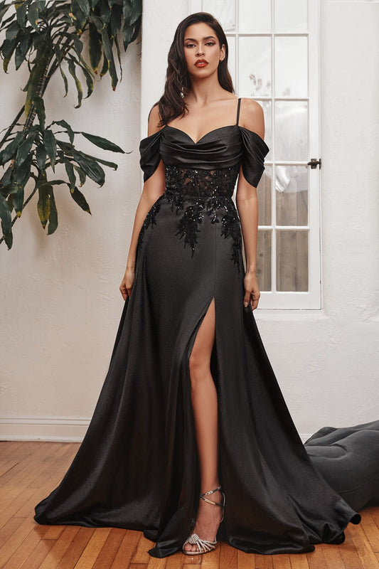 Black Off The Shoulder Corset Slit Gown OC012 - Women Evening Formal Gown - Special Occasion