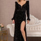 Black Puff Shoulder 3-4 Sleeves Feather Velvet Mermaid Dress - GL3122 - Special Occasion-Curves