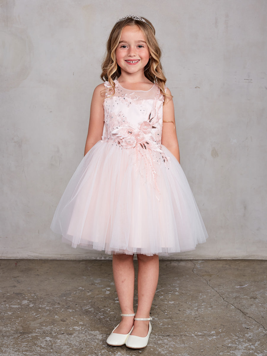 Blush Girl Dress with Flowers Rhinestone Bodice - AS7027