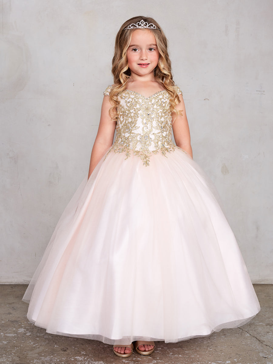 Blush Girl Dress with Off-Shoulder Lace Bodice - AS7024