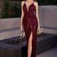 Burgundy Draped Glitter V-Neck Sheath Gown CD279 - Women Evening Formal Gown - Special Occasion-Curves