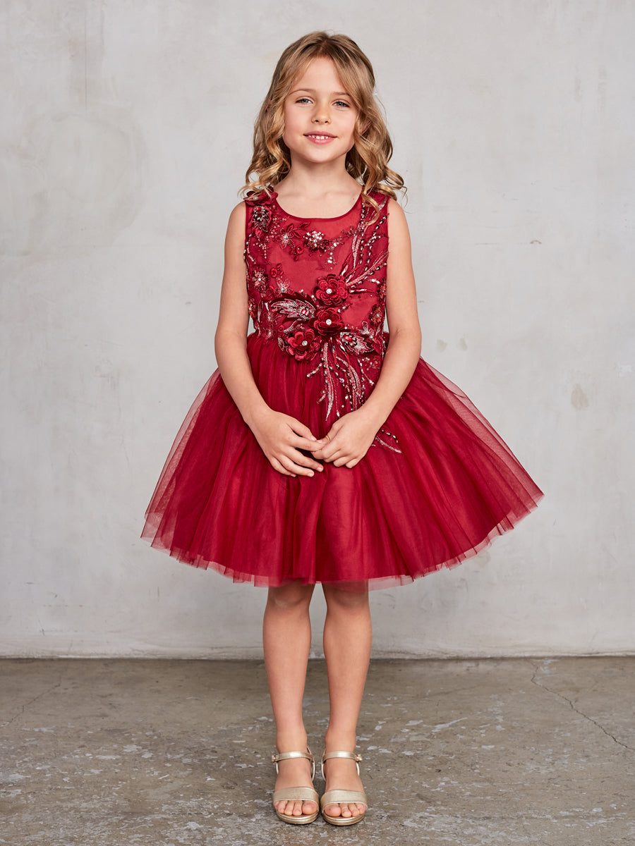 Burgundy Girl Dress with Flowers Rhinestone Bodice - AS7027