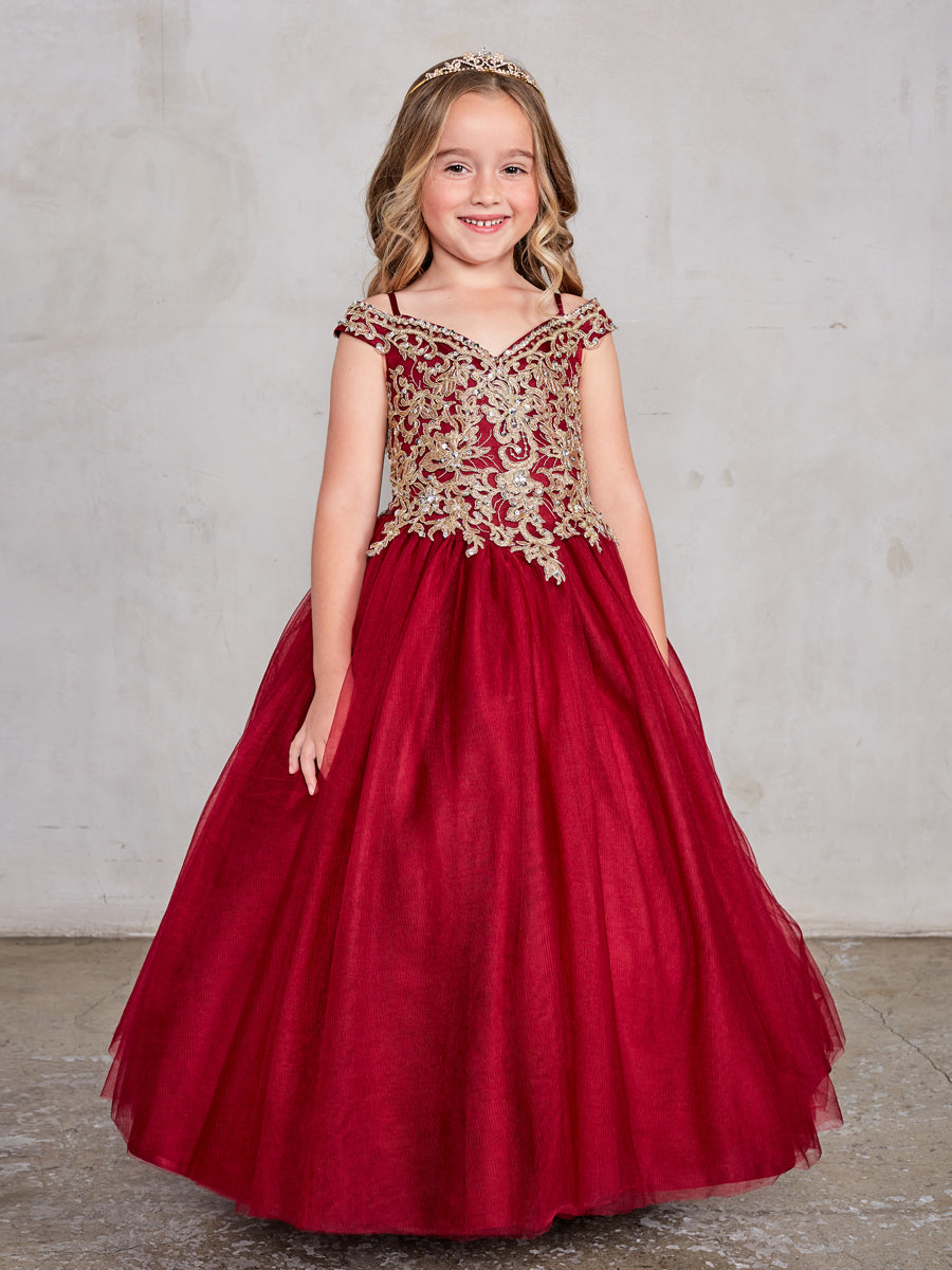 Burgundy Girl Dress with Off-Shoulder Lace Bodice - AS7024