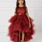 Burgundy Girl Dress with Ruffled Tulle High-Low Dress - AS5658