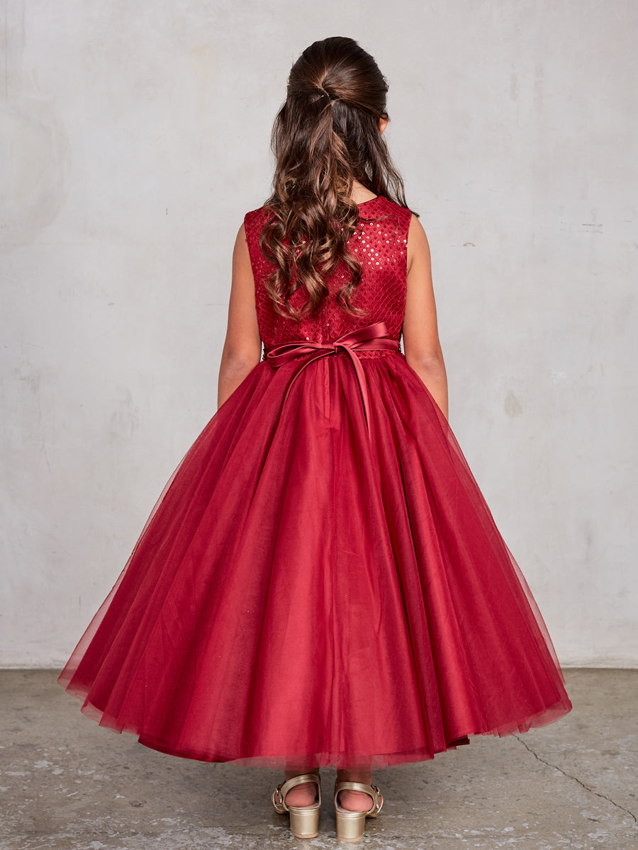 Burgundy_1 Girl Dress with Sequin and Tulle Skirt Dress - AS5752