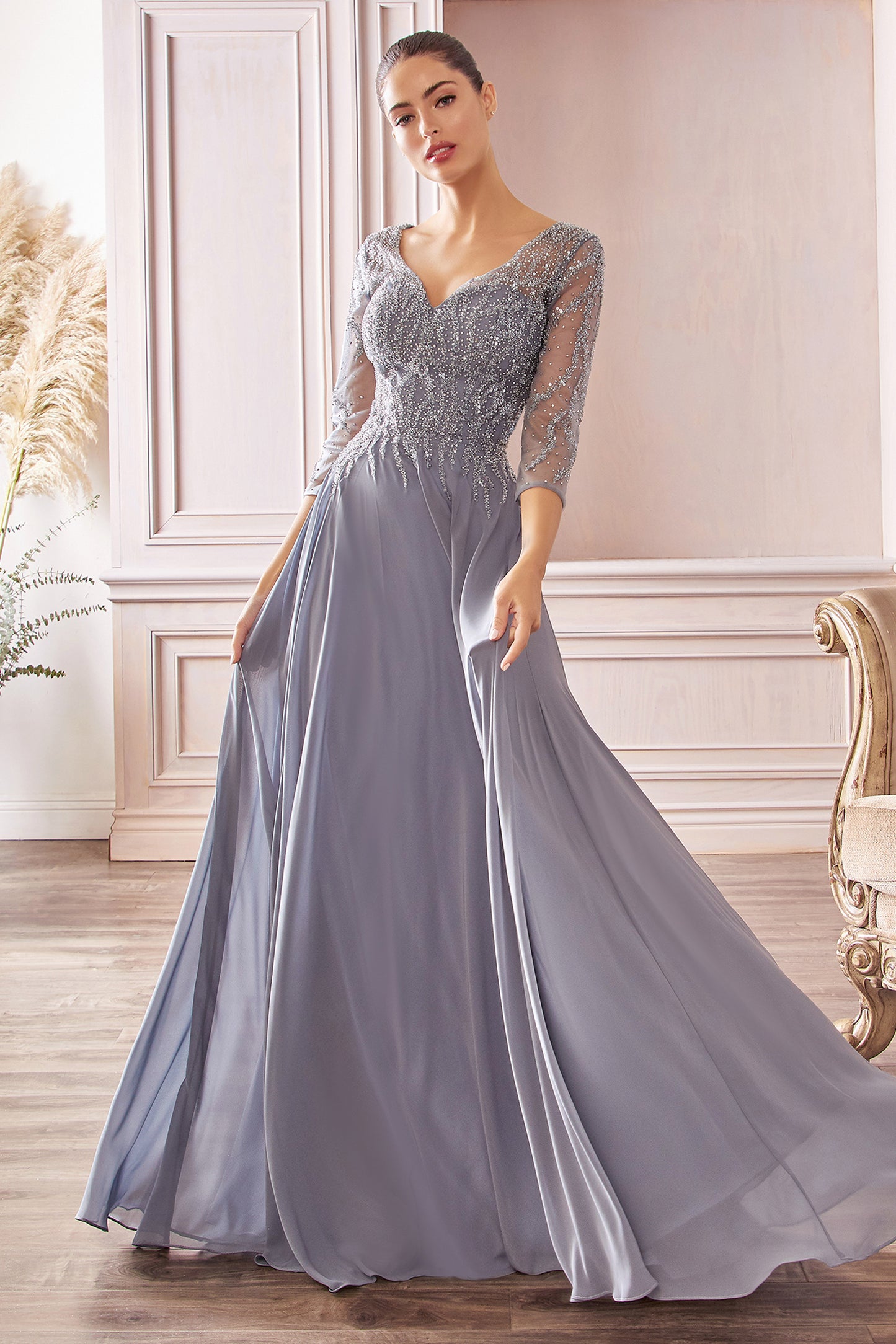 Flowy Chiffon 3/4 Sleeves Beaded Gown by Cinderella Divine - CD0171 - Special Occasion/Curves