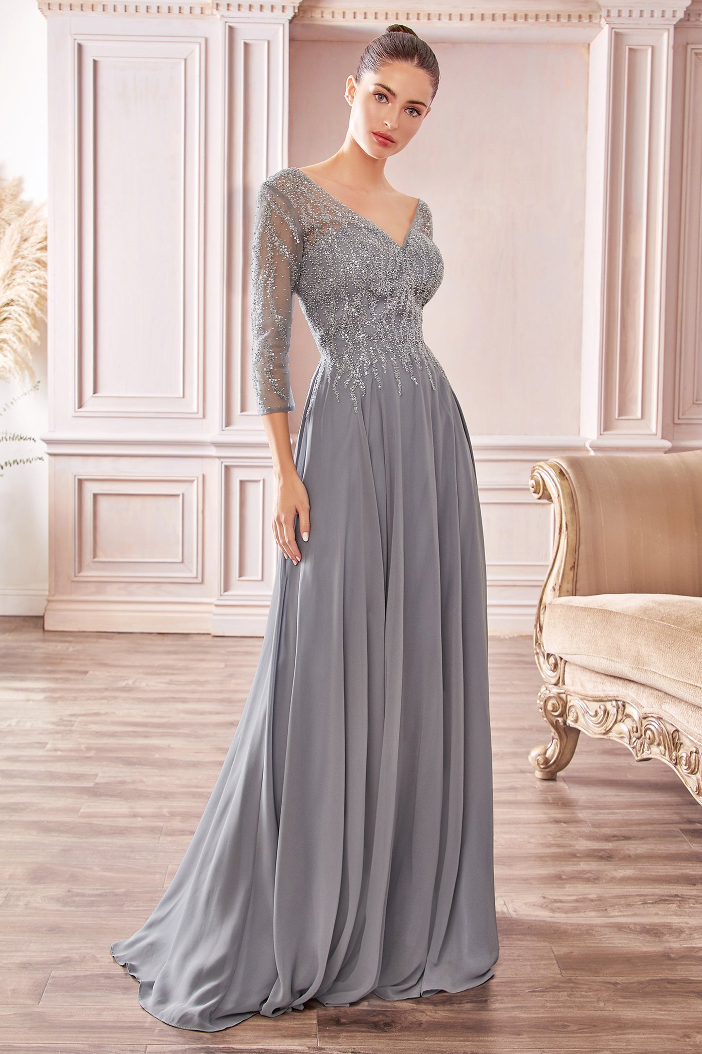 Flowy Chiffon 3/4 Sleeves Beaded Gown by Cinderella Divine - CD0171 - Special Occasion/Curves