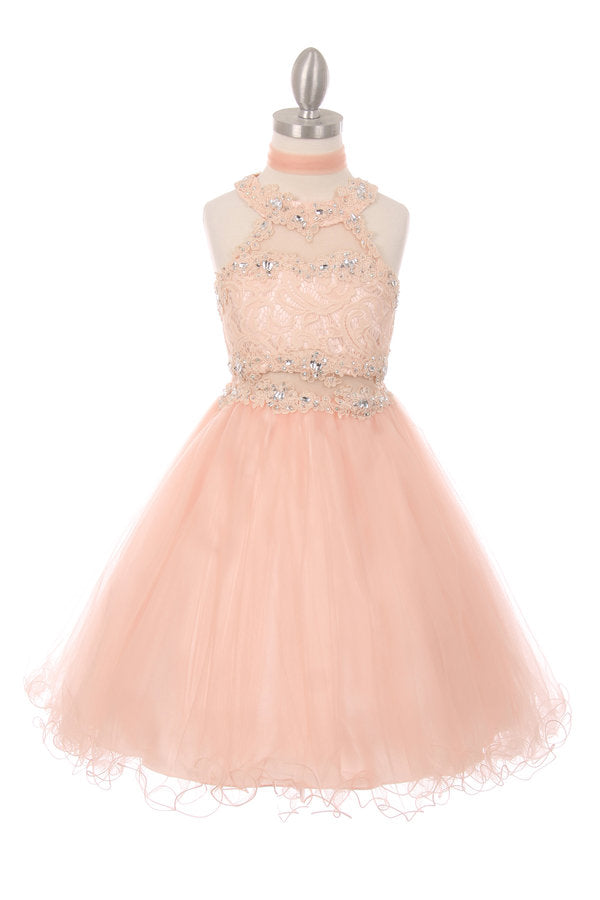 Halter Beaded Rhinestone Tulle Dress by Cinderella Couture USA 5040