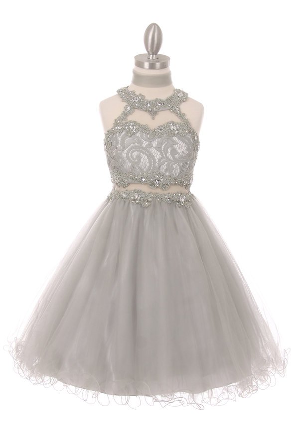 Halter Beaded Rhinestone Tulle Dress by Cinderella Couture USA 5040