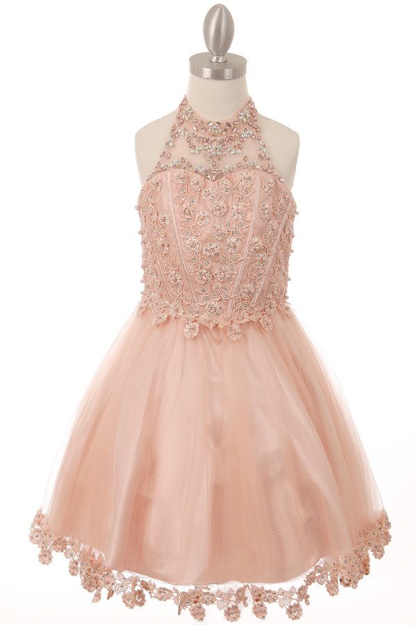 Halter Perl Beaded Mesh Satin Girl Party Dress by Cinderella Couture USA 8500