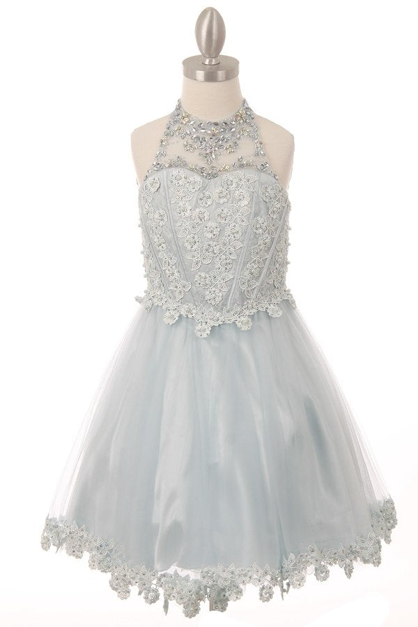 Halter Perl Beaded Mesh Satin Girl Party Dress by Cinderella Couture USA 8500