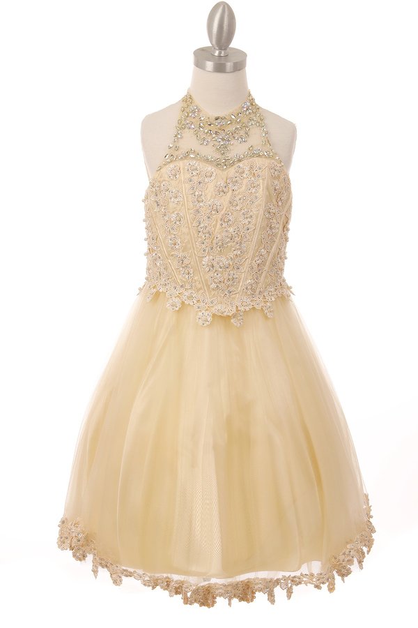 Halter Perl Beaded Mesh Satin Girl Party Dress by Cinderella Couture USA 8500