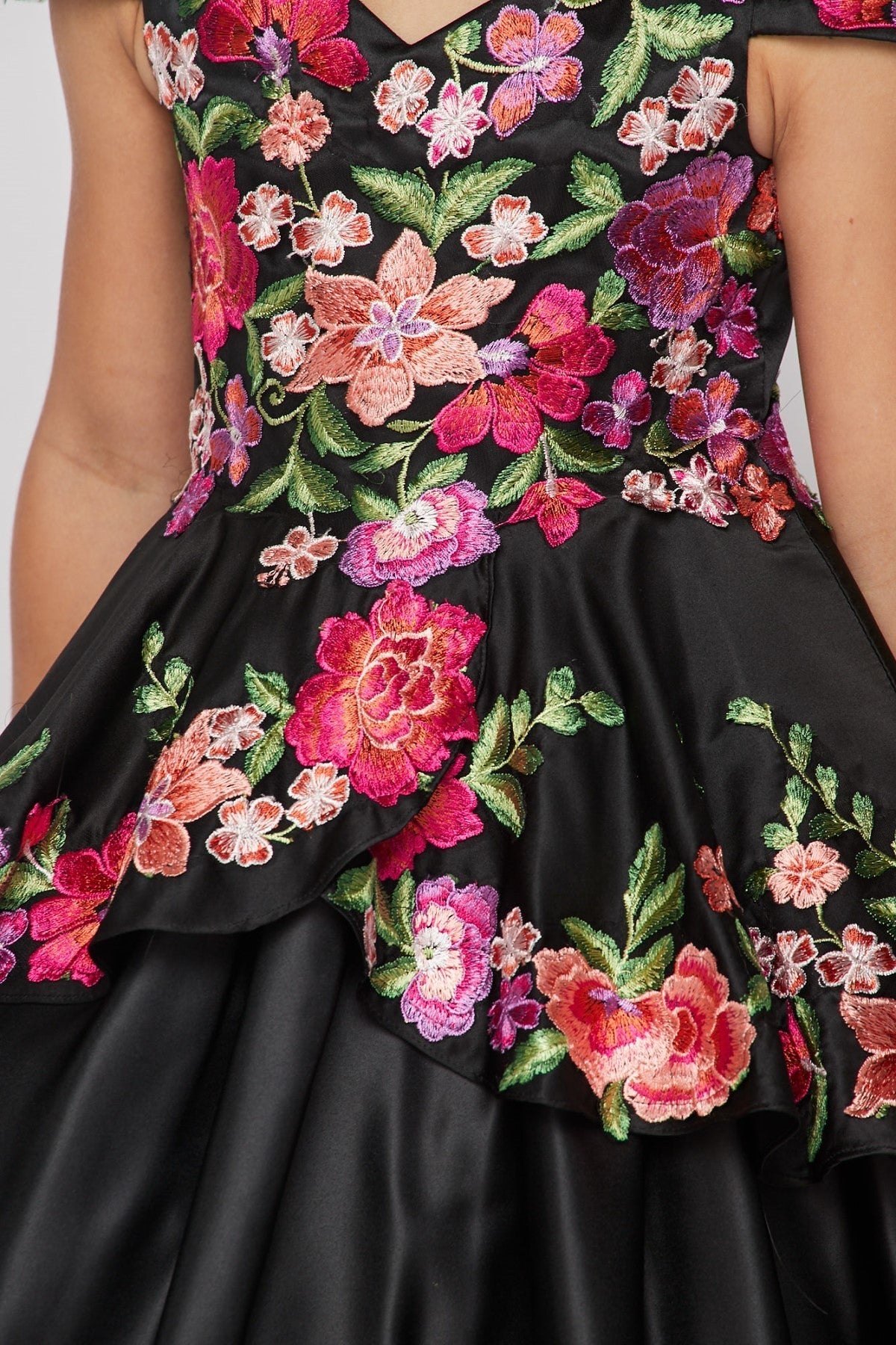 Off the Shoulder Floral Satin Girl Mini Quince by Cinderella Couture USA AS8006