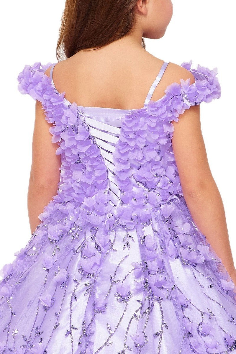 Off the Shoulder Floral Lace Glitter Tulle Girl Mini Quince Gown BY Cinderella Couture USA AS8021