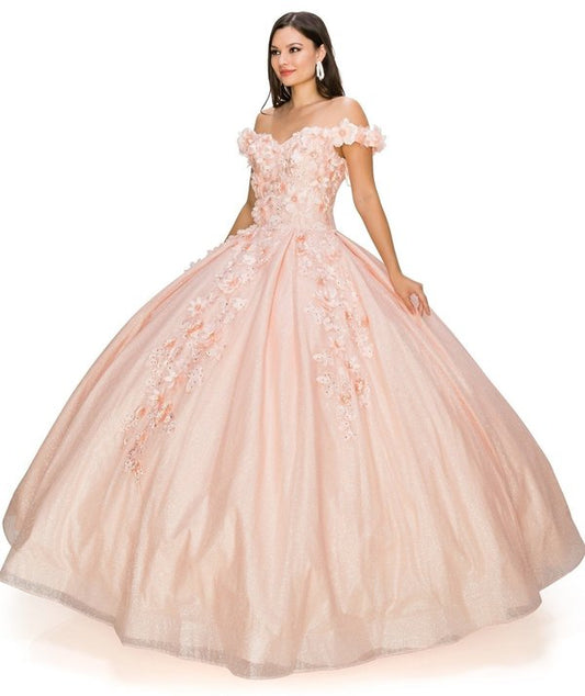Off the Shoulder Floral Lace Tulle Quinceanera Dress by Cinderella Couture USA AS8020J-blush