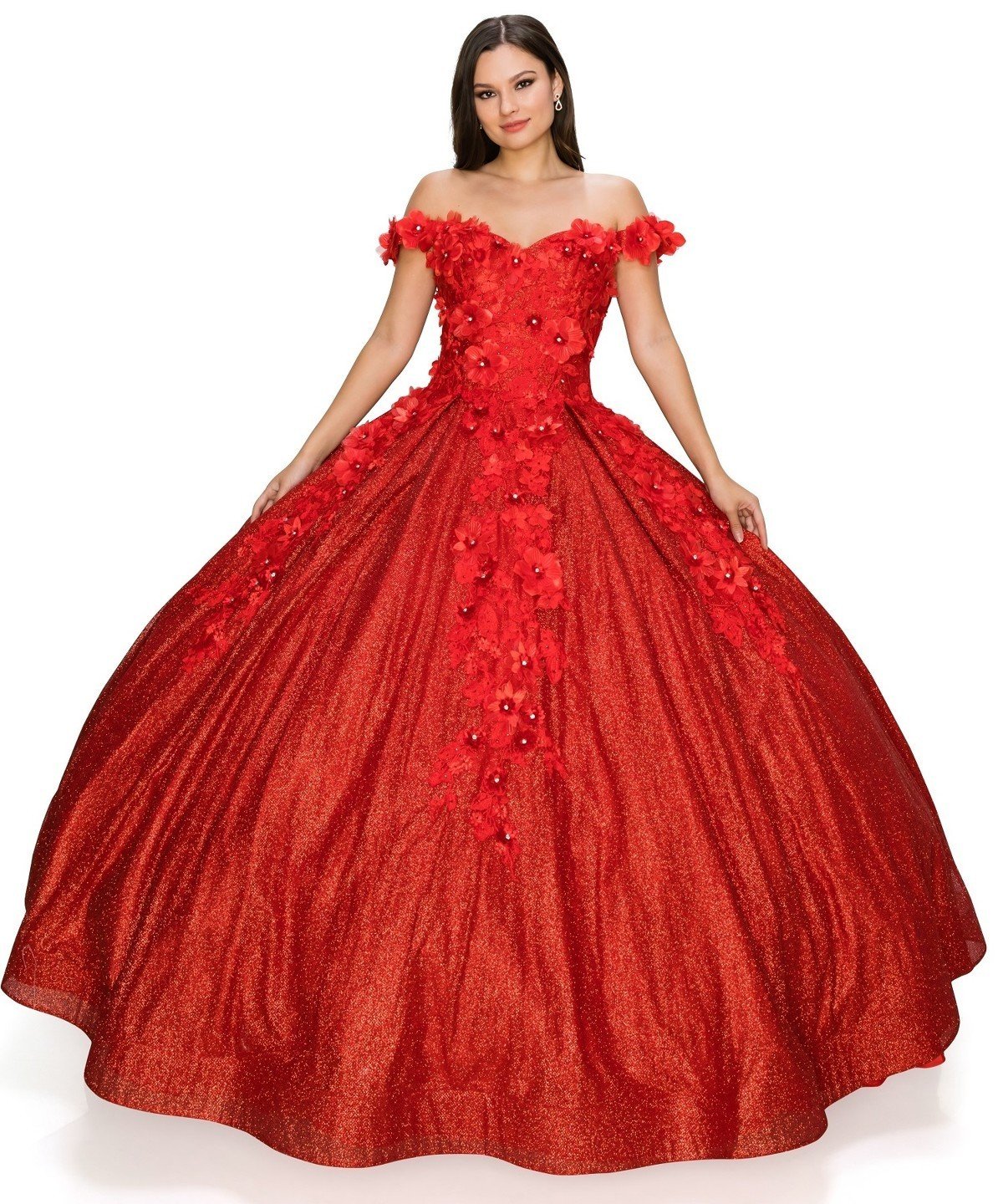 Off the Shoulder floral Satin Quinceanera Dress BY Cinderella Couture USA AS8020J-red
