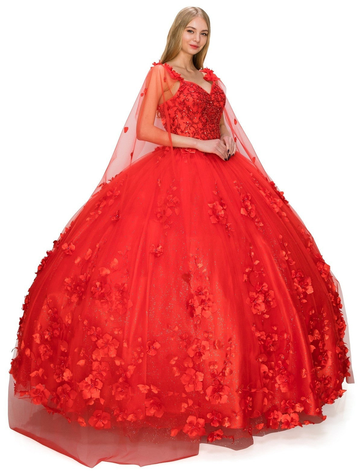 Floral Tulle Quinceanera Dress by Cinderella Couture USA AS8030J-red