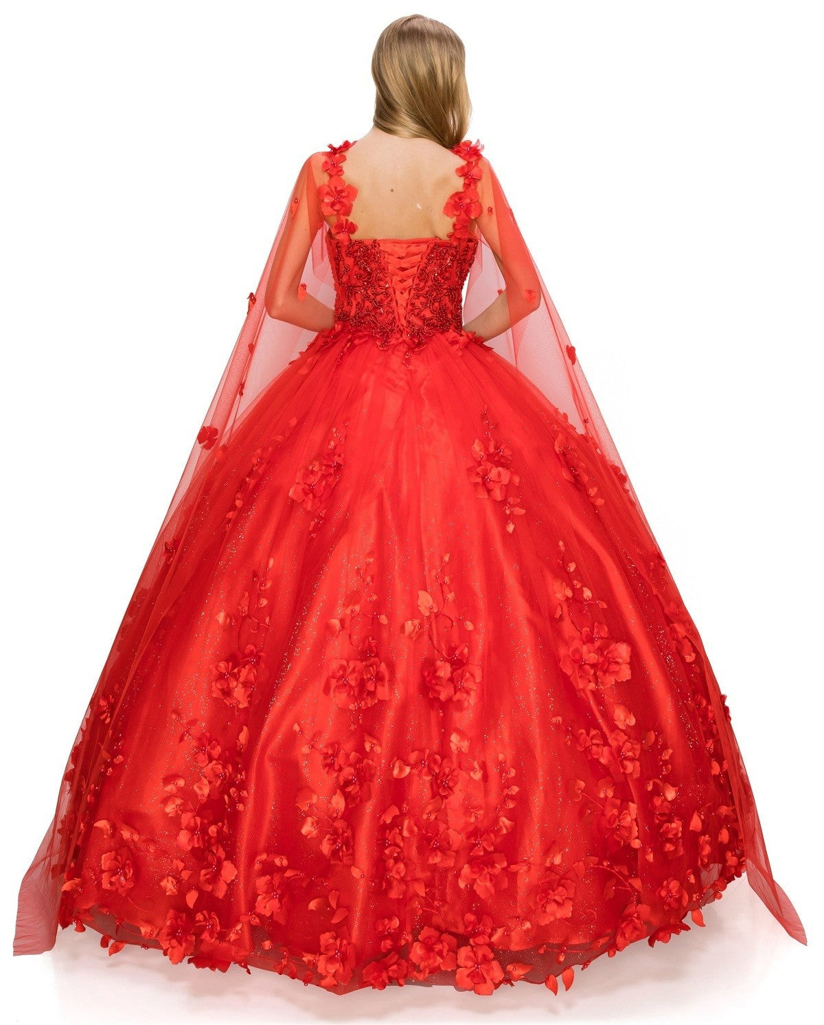 Floral Tulle Quinceanera Dress by Cinderella Couture USA AS8030J-red