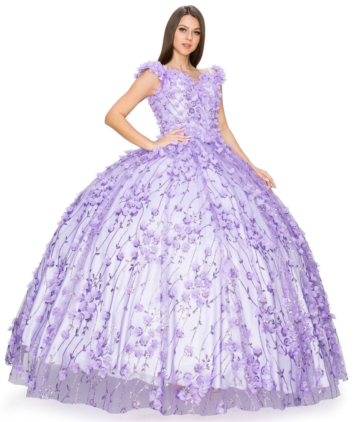 Off the Shoulder Floral Tulle Quinceanera Dress by Cinderella Couture USA AS8021J-LIlac