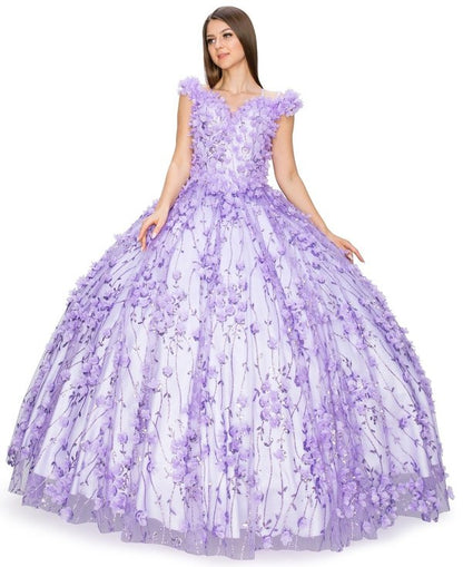 Off the Shoulder Floral Tulle Quinceanera Dress by Cinderella Couture USA AS8021J-LIlac