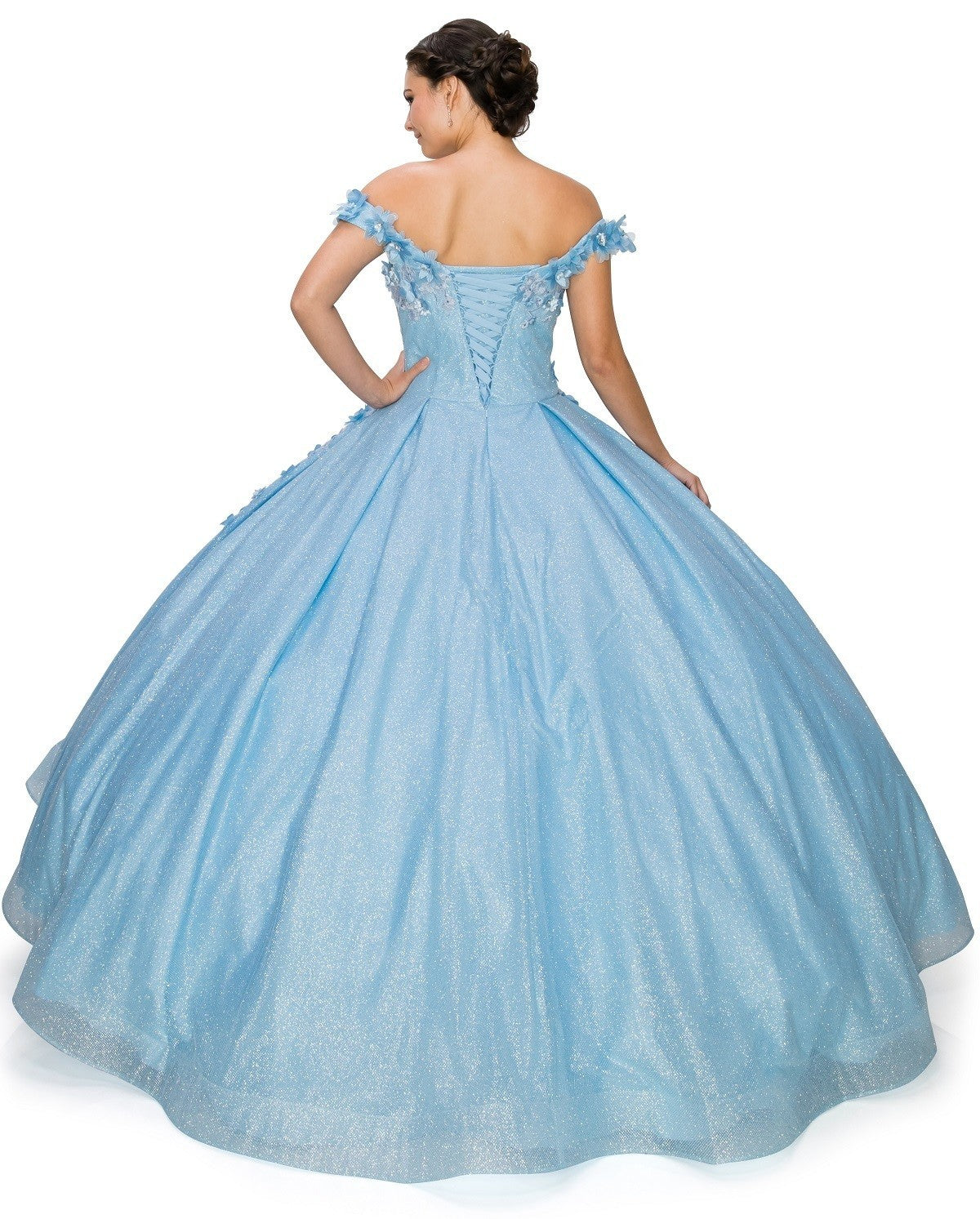 Off the Shoulder Floral Satin Quinceanera Dress by Cinderella Couture USA AS8020J-Blue