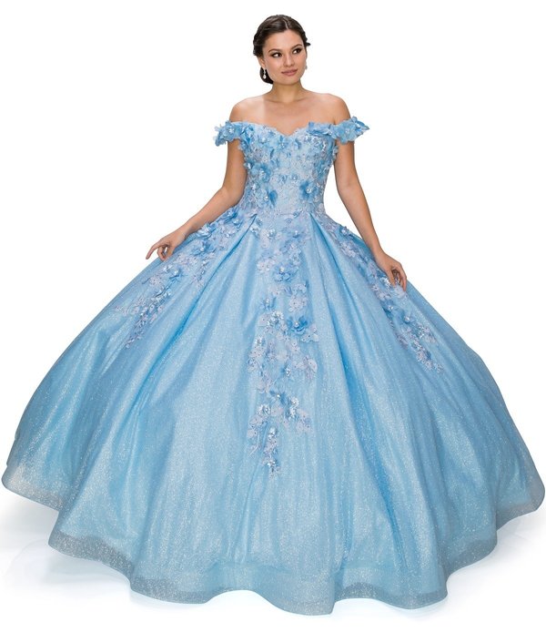 Off the Shoulder Floral Satin Quinceanera Dress by Cinderella Couture USA AS8020J-Blue