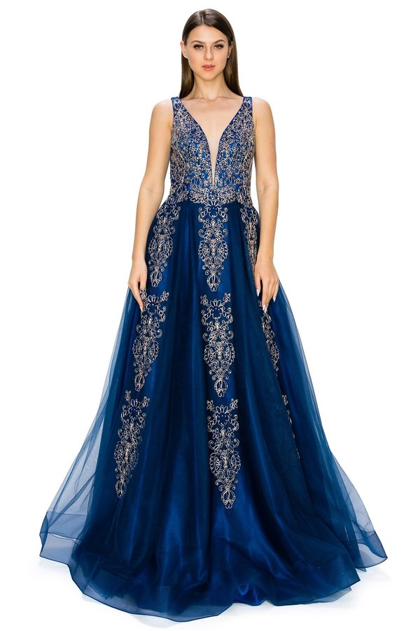 Navy Floral Glitter Tulle Dress by Cinderella Couture USA AS8029J-NAVY - Special Occasion/Curves