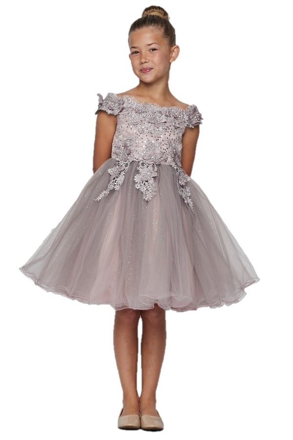 Off the Shoulder Floral Lace Tulle Girl Party Dress by Cinderella Couture USA AS9085