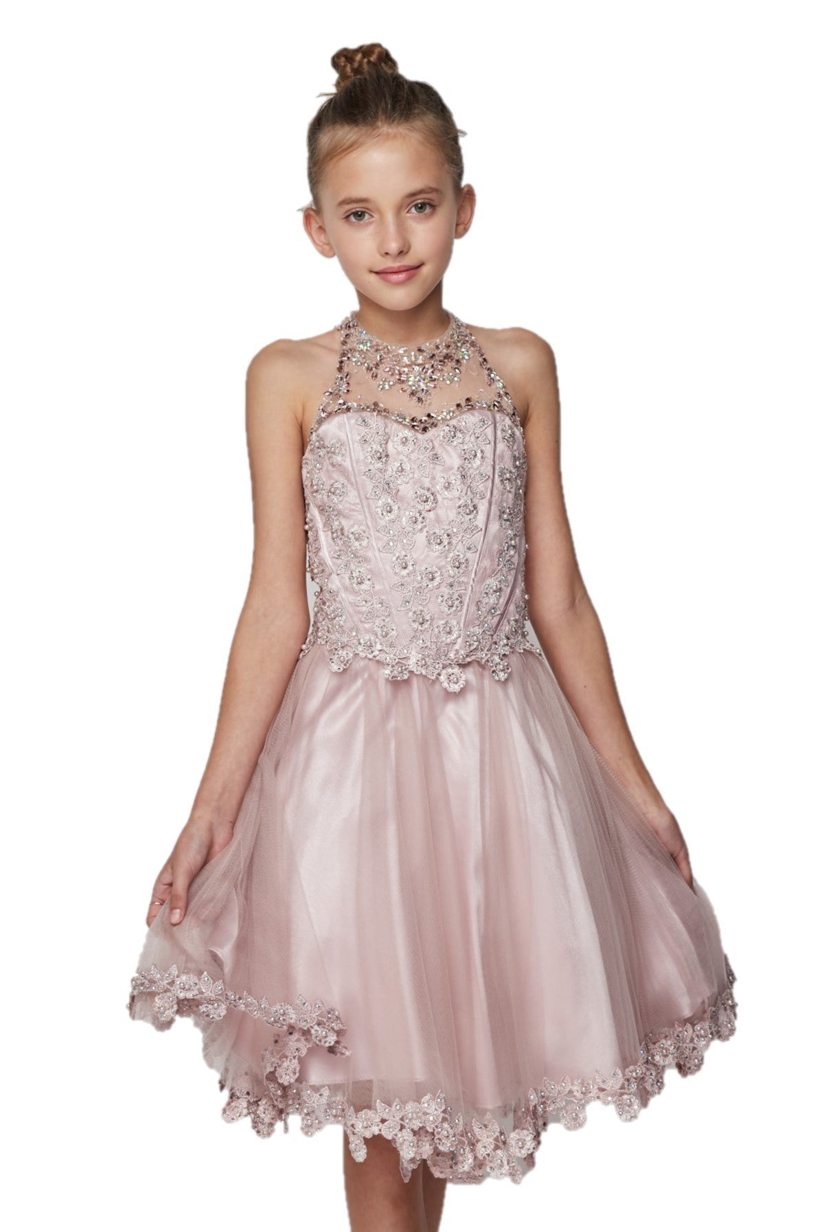 Halter Perl Beaded Mesh Satin Girl Party Dress by Cinderella Couture USA 8500