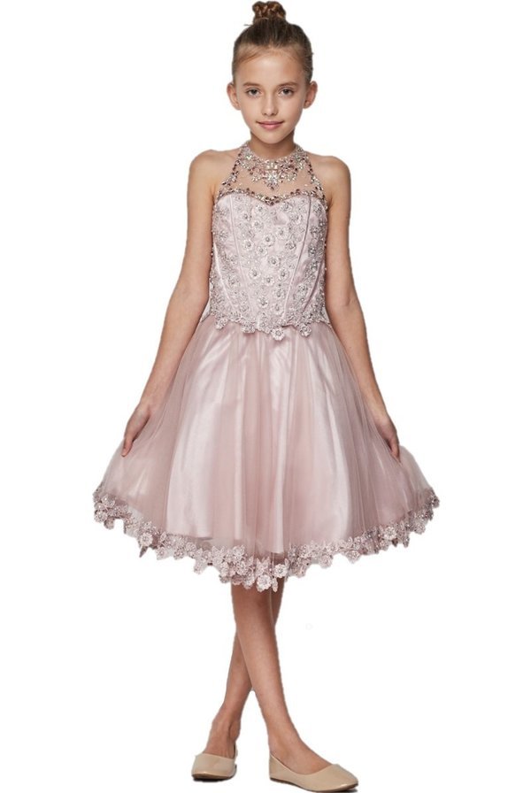 Halter Perl Beaded Mesh Satin Girl Party Dress by Cinderella Couture USA 8500