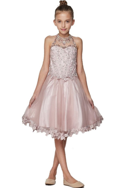 Halter Perl Beaded Mesh Satin Girl Party Dress by Cinderella Couture USA 8500