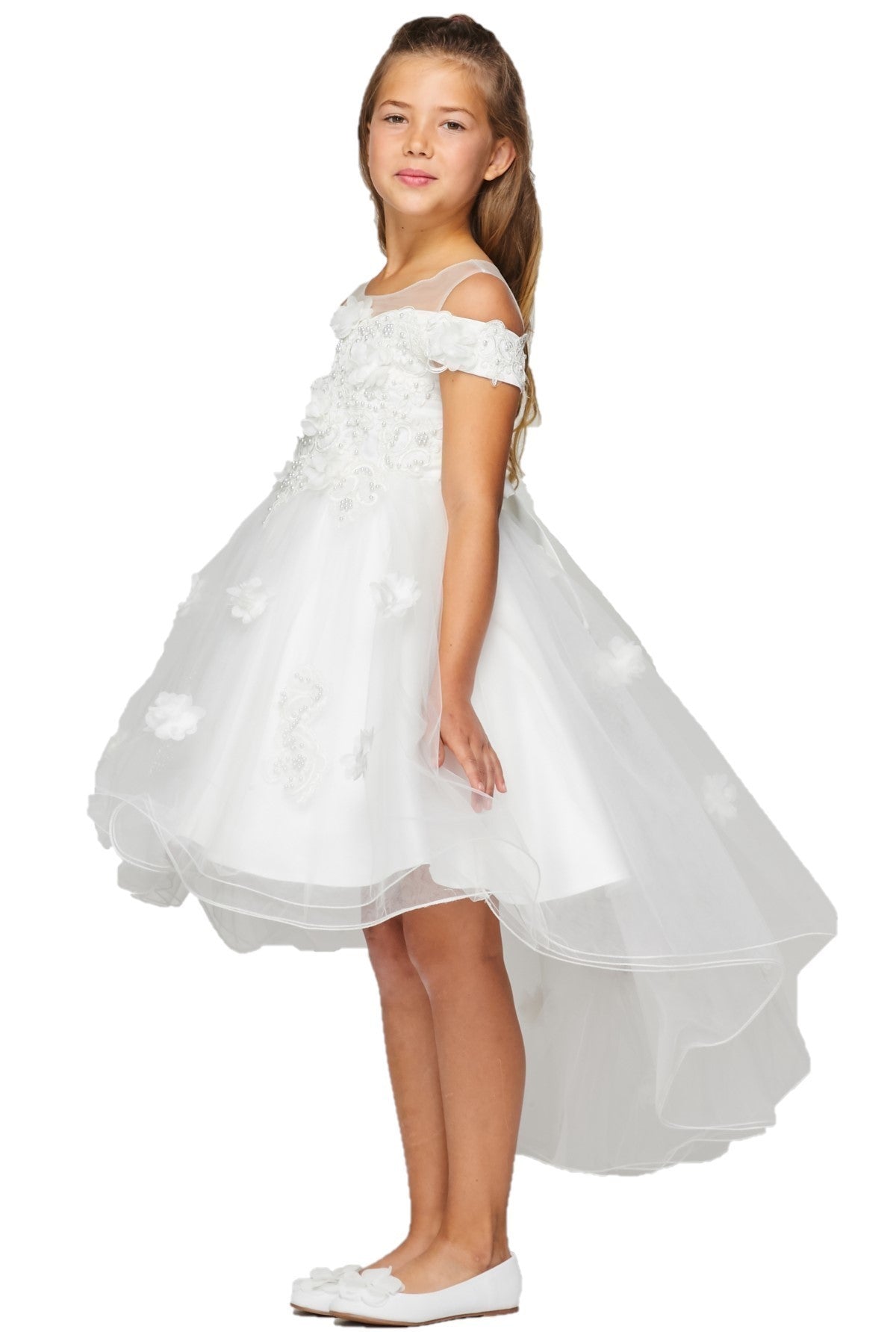 Off the Shoulder Floral Sequin Pearl Beads Girl Tulle Party Dress by Cinderella Couture USA 9119