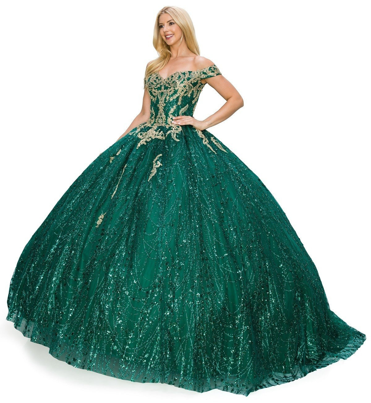 Off the Shoulder Gillter Tulle Quinceanera Dress by Cinderella Couture USA AS8033J-HGR