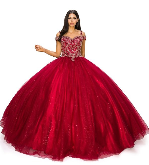 Off the Shoulder Glitter Lace Tulle Quinceanera Dresses by Cinderella Couture USA AS8028J_BURG