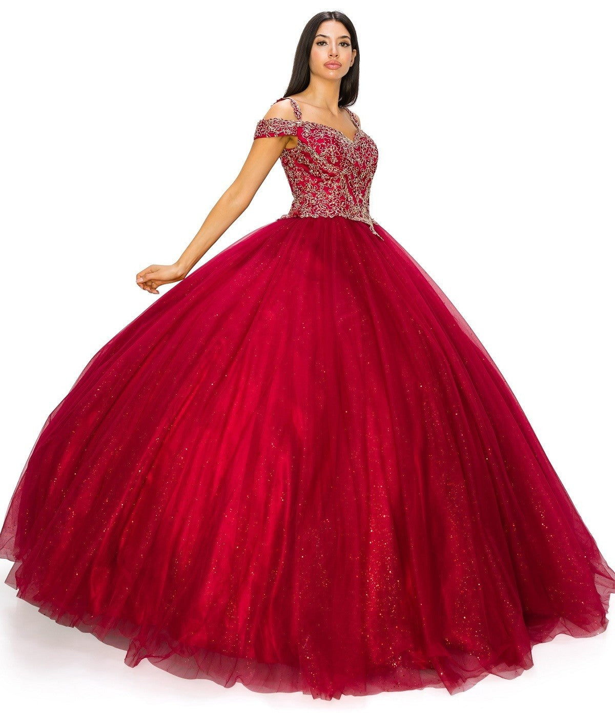 Off the Shoulder Glitter Lace Tulle Quinceanera Dresses by Cinderella Couture USA AS8028J_BURG