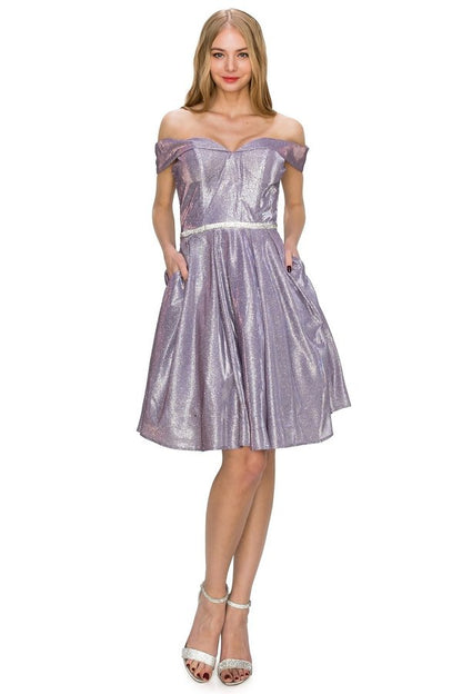Off the Shoulder Glitter Short Party Dress by Cinderella Couture USA AS8012J-LILAC